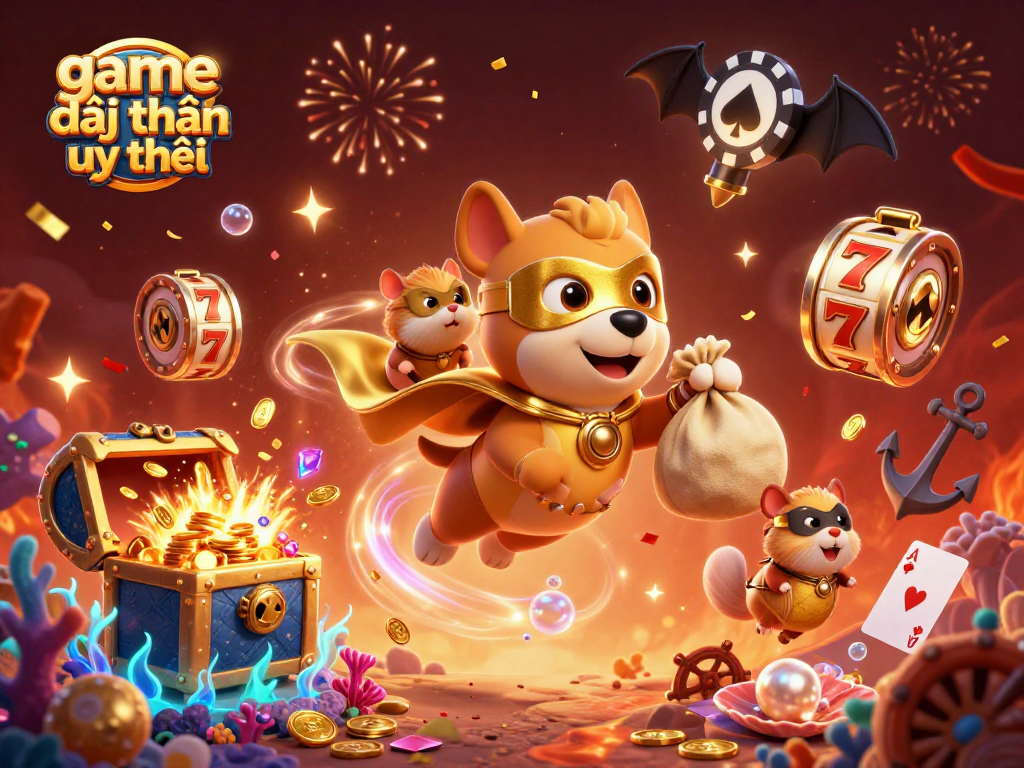 Experience the adventures of the superhero dog with a bag of gold coins in a dynamic casino scene, emphasizing game đổi thưởng uy tín.
