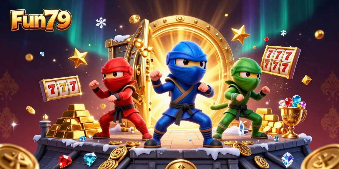 Experience the thrill of Fun79 with ninja chameleons performing martial arts amidst dazzling treasures and slot games.