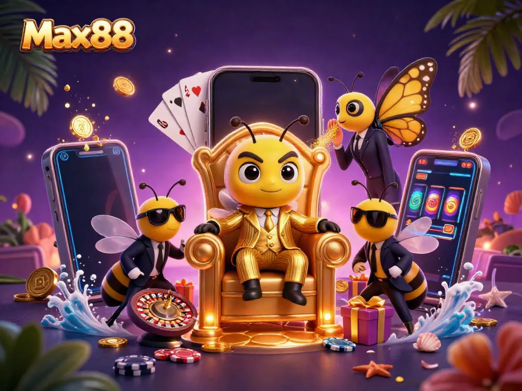 Engage with the vibrant world of Max88 showcasing a 3D cartoon mob boss and casino games.