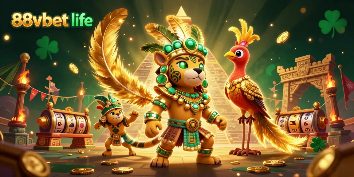 Engage in thrilling slots at 88vbet life with a dynamic Mayan-themed casino scene.