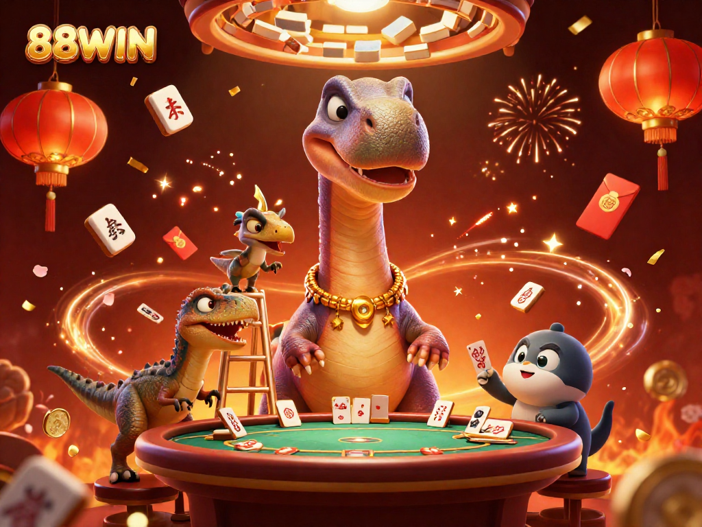 Engage with 88WIN in a vibrant casino scene featuring a dinosaur dealer and festive game elements.