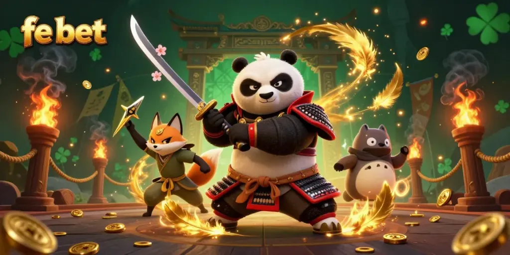 Experience the thrills of fe bet with a dynamic samurai panda and ninja fox in a vibrant casino scene.