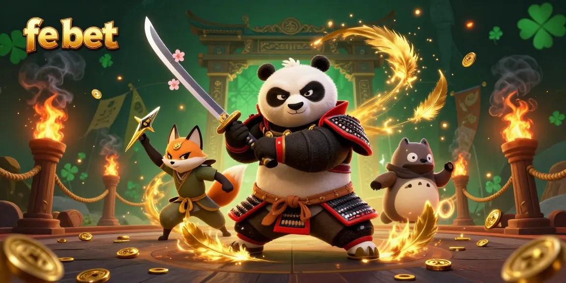 Experience the thrills of fe bet with a dynamic samurai panda and ninja fox in a vibrant casino scene.