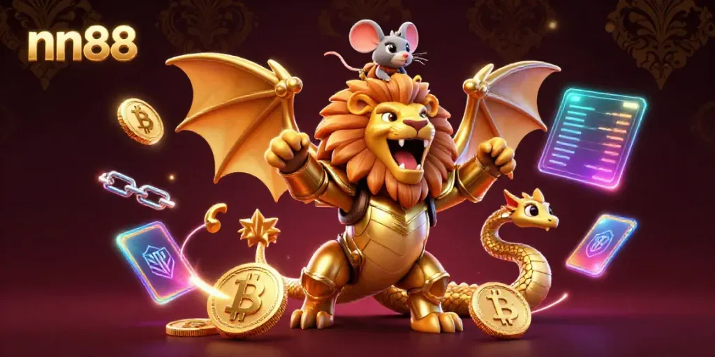 Experience the thrill of nn88 with a golden armored chimera and crypto elements in a vibrant casino scene.