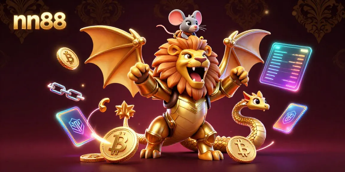 Experience the thrill of nn88 with a golden armored chimera and crypto elements in a vibrant casino scene.