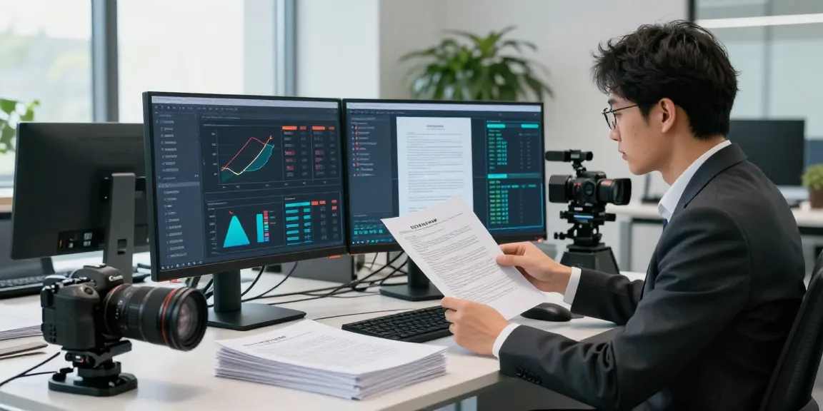Data analyst engaged in document fraud detection with digital dashboards in a modern office setting.