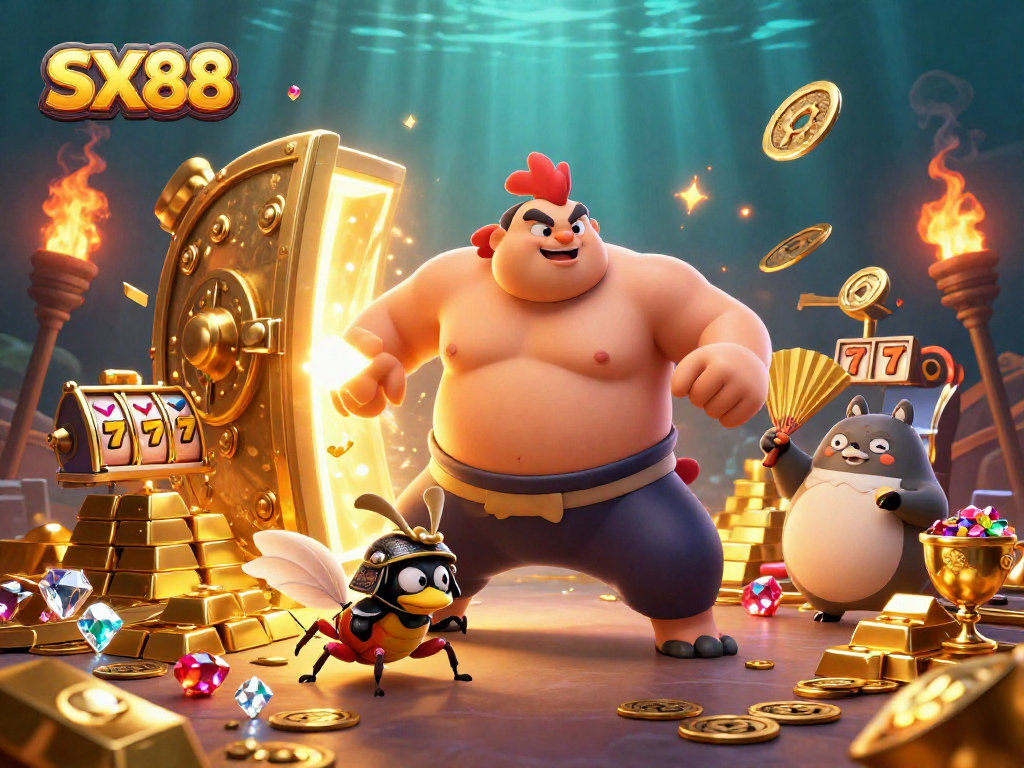 SX88 offers thrilling experiences with a powerful sumo rooster and a fierce cricket surrounded by dazzling treasures and slot reels.