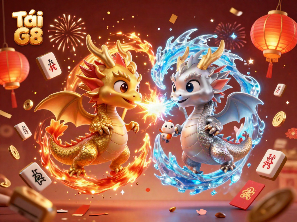 Engaging scene with twin dragons and festive elements highlights Tải Go 88 gaming experience.