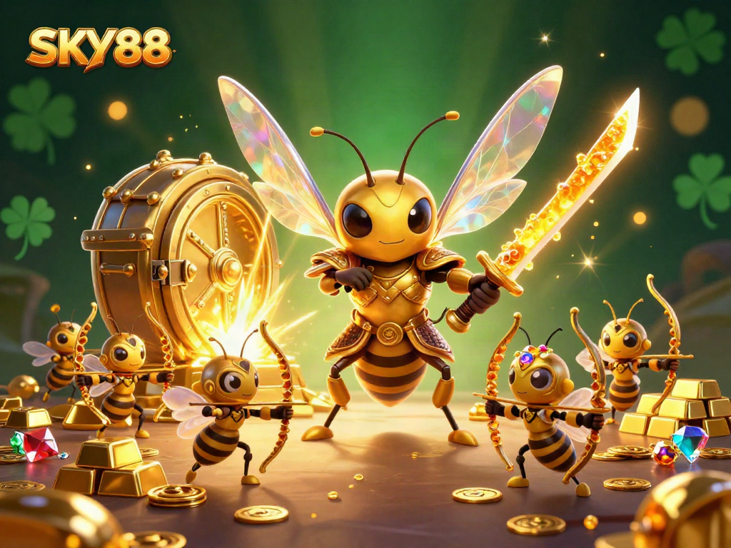 Engage with SKY88's vibrant online casino theme, featuring a golden hornet in samurai armor amidst treasure.