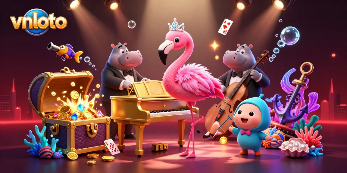 Experience the vibrant gaming world of vnloto with a lively flamingo singer and hippo bassist amidst rich casino elements.