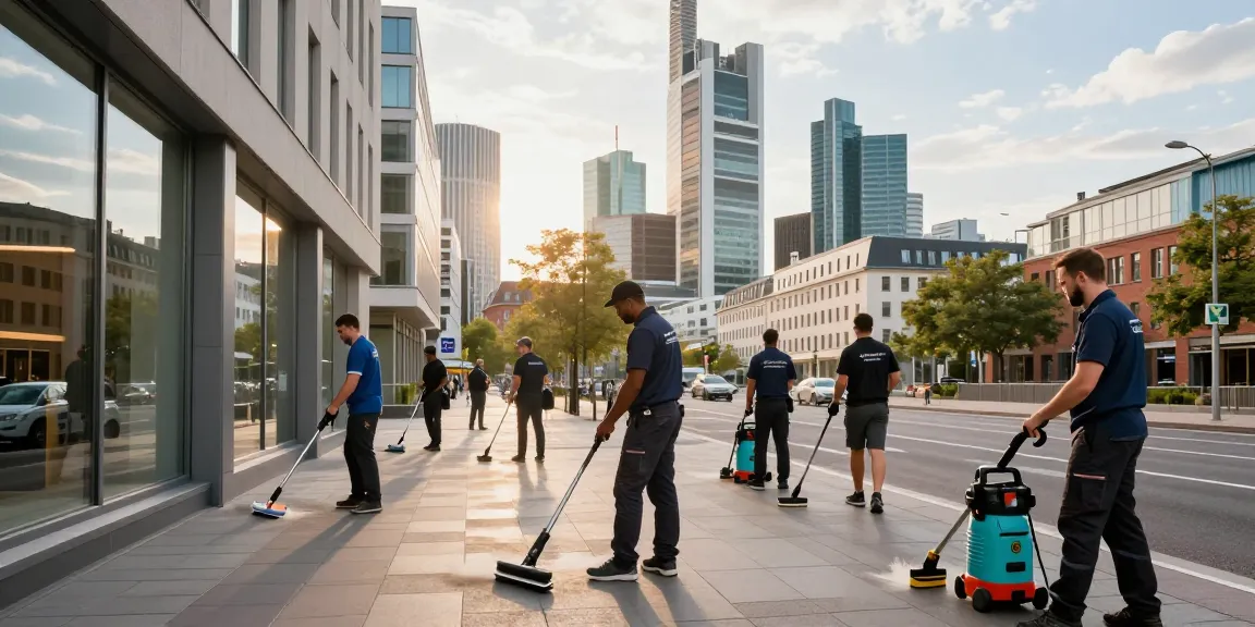 Professionelle Gebäudereinigung Düsseldorf durch ein engagiertes Team in urbaner Umgebung mit modernen Geräten.