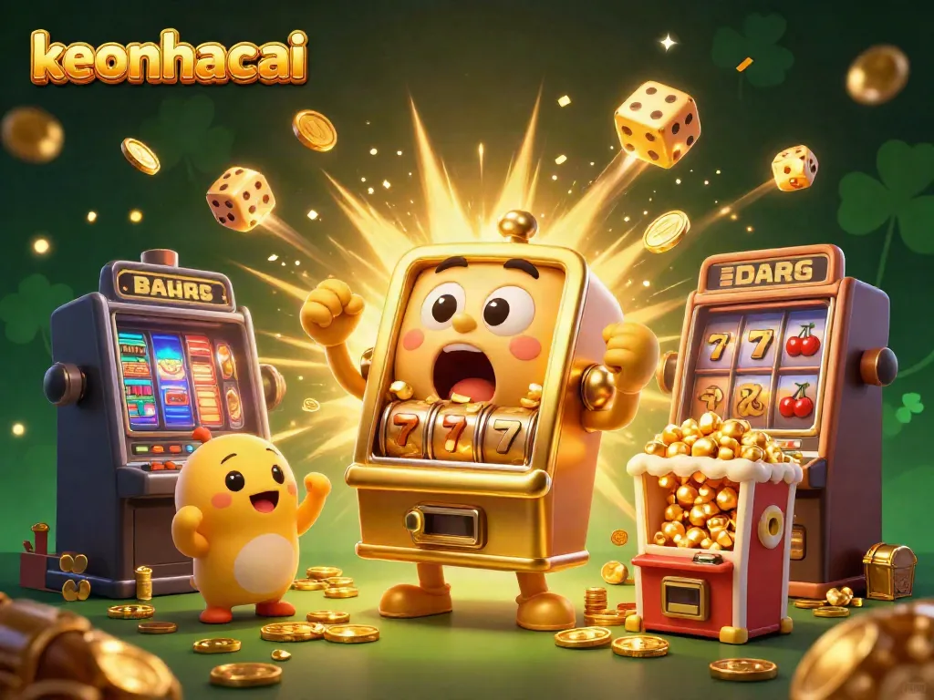 Engage with the keonhacai jackpot scene featuring a golden slot machine celebrating with coins and cheers from other machines.