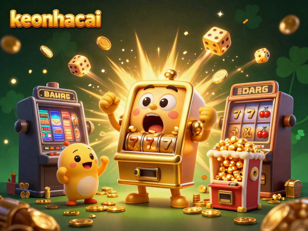 Engage with the keonhacai jackpot scene featuring a golden slot machine celebrating with coins and cheers from other machines.