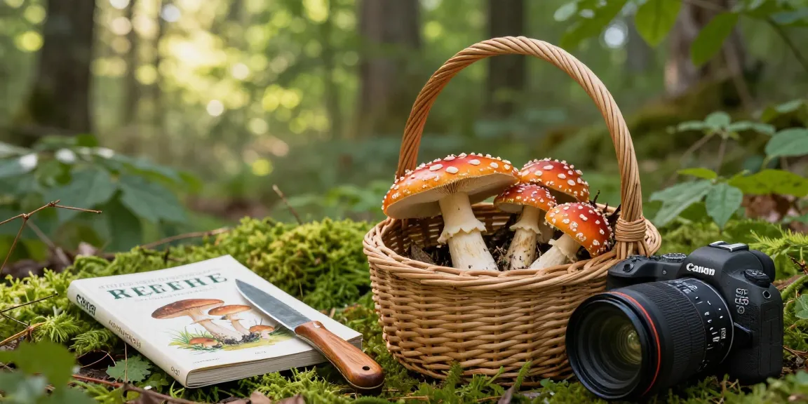 Amanita muscaria kaufen, dargestellt in einer ruhigen Waldumgebung, während ein Sammler Pilze und Werkzeuge in der Nähe untersucht.
