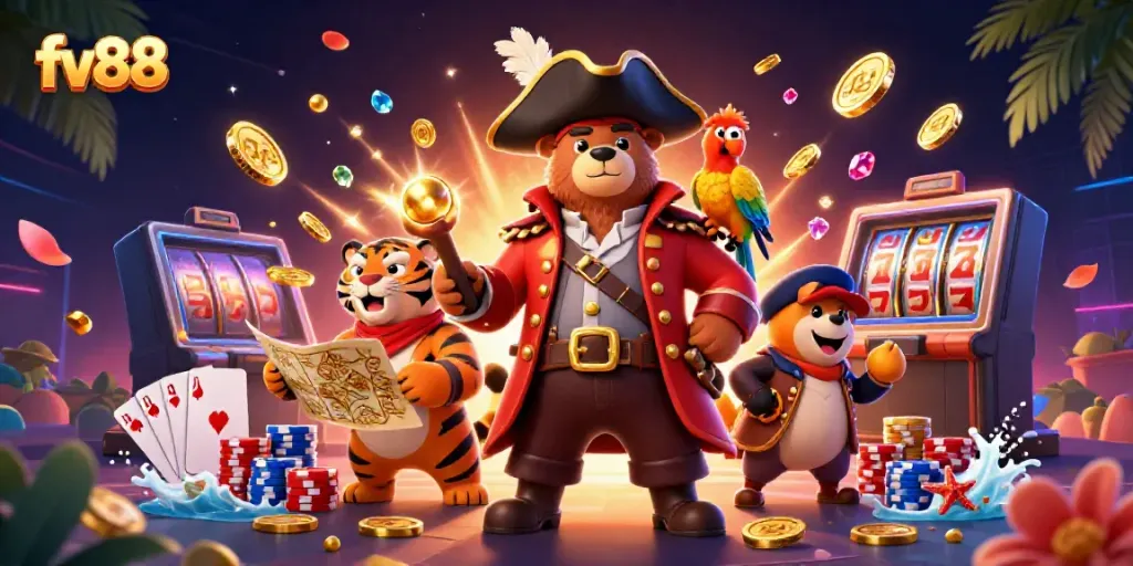 Experience thrilling gambling with fv88’s vibrant pirate-themed casino scene featuring slots and roulette.