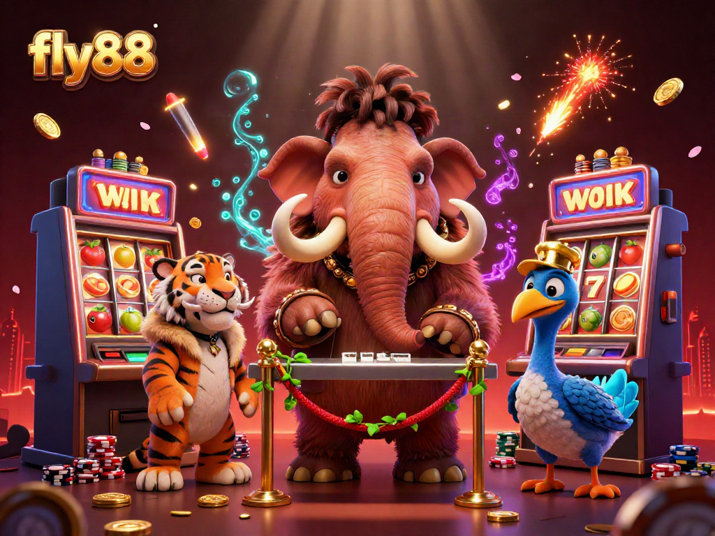 Experience the thrill of fly88 with a vibrant casino scene featuring a mammoth bouncer, VIP saber-tooth tiger, and playful dodo.