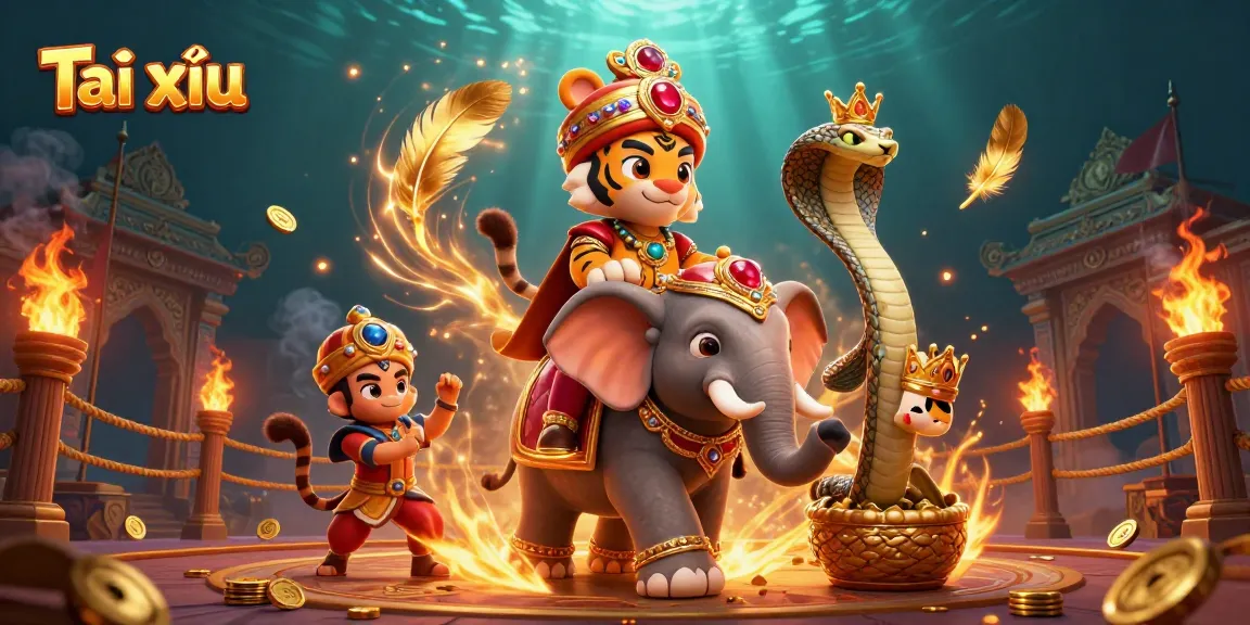 Tài xỉu gameplay with a majestic 3D maharaja and elephant, surrounded by golden tokens, representing an engaging casino experience.