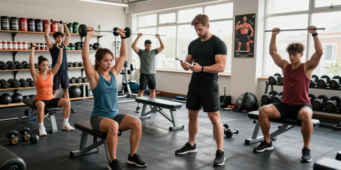 Anabolika Shop zeigt Athleten, die mit verschiedenen Steroiden für Muskelwachstum in einem lebhaften Fitnessstudio trainieren.