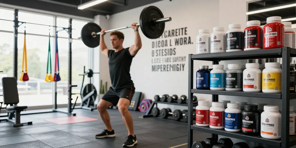 Globale Pharma Steroide in einem modernen Fitnessstudio mit Athleten, die Gewichte heben.
