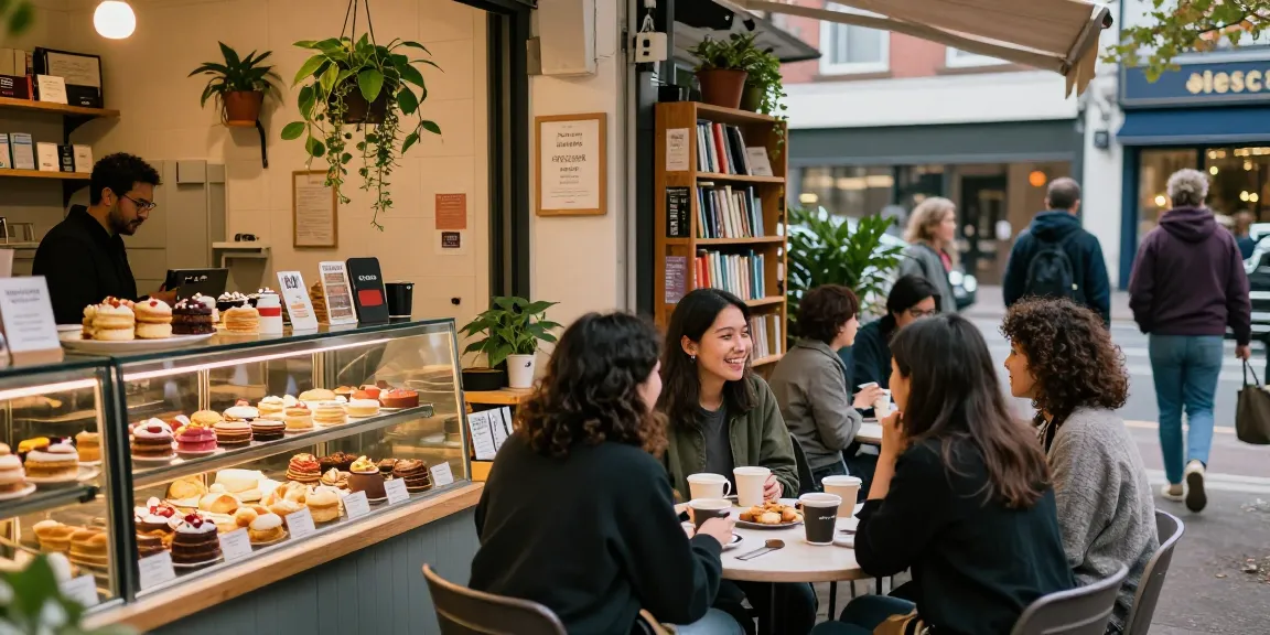 Friends enjoying coffee at rokok88 community cafe, vibrant urban atmosphere.