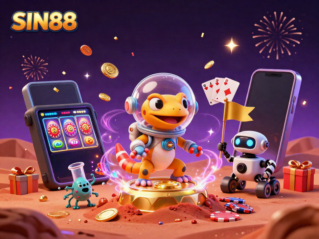 Engage in thrilling experiences at SIN88 with a lively 3D scene featuring casino elements and joyful characters.