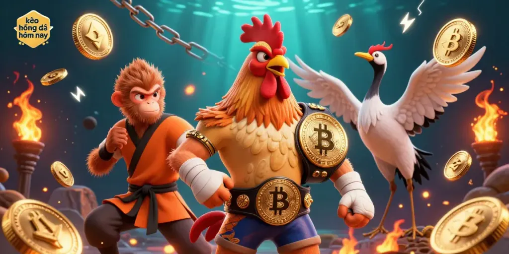 Engage with kèo bóng đá hôm nay through dynamic esports characters surrounded by vibrant crypto elements.
