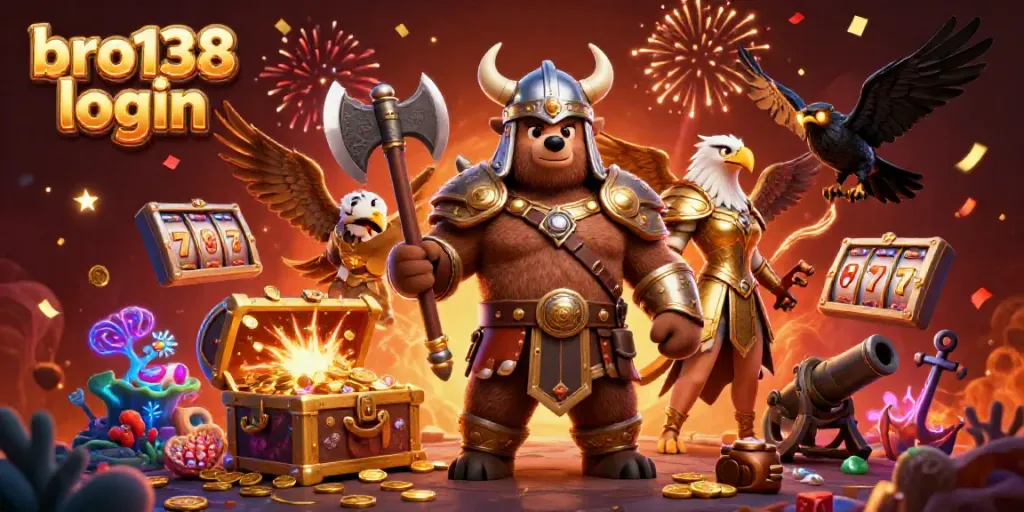 Experience the excitement of bro138 login with a vibrant 3D illustration featuring casino elements.