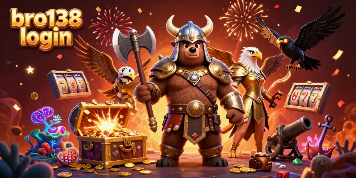 Experience the excitement of bro138 login with a vibrant 3D illustration featuring casino elements.