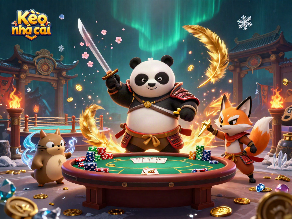 Kèo nhà cái showcases a powerful samurai panda, a ninja fox, and a magical tanuki at a lively poker table.