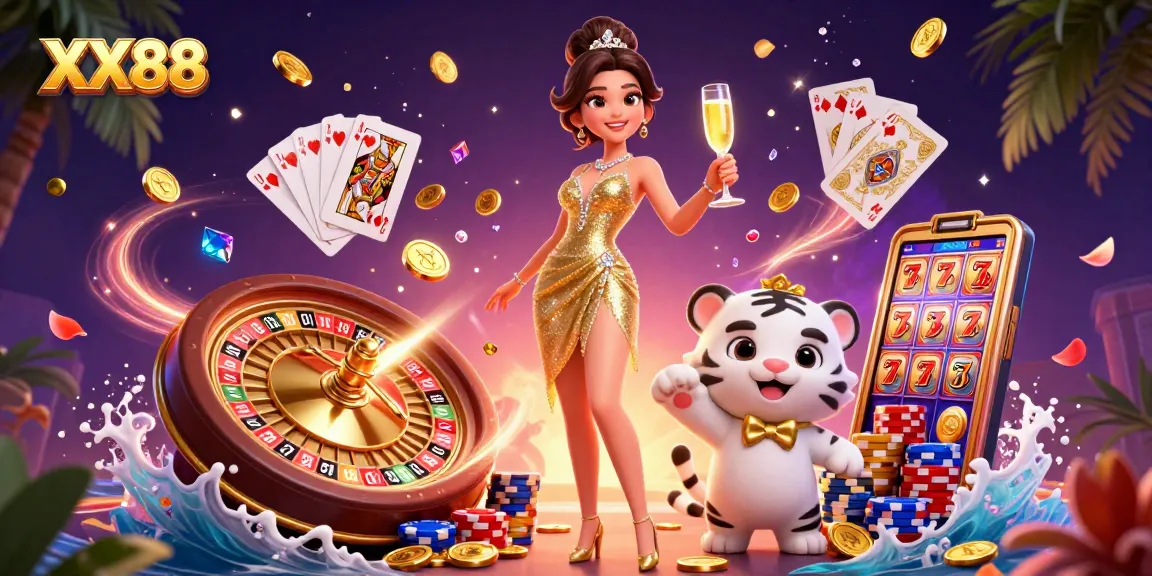 Experience gaming excitement at XX88 with glamorous characters and casino elements in a vibrant scene.