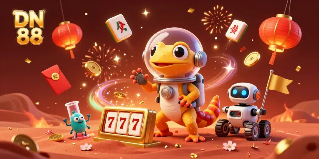 Experience the excitement of DN 88 with our cartoon Martian gecko discovering a hidden golden casino.