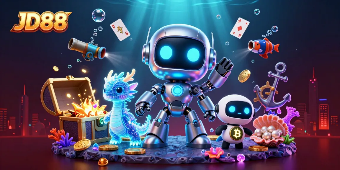 Engage with JD88's thrilling casino experience through an ultra-detailed 3D rendering of a vibrant gaming scene.