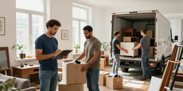 Professionelle Wohnungsauflösung in Berlin Neukölln mit einem Team, das alte Möbel und Kartons sortiert.