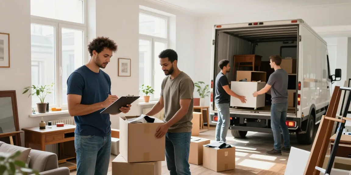 Professionelle Wohnungsauflösung in Berlin Neukölln mit einem Team, das alte Möbel und Kartons sortiert.
