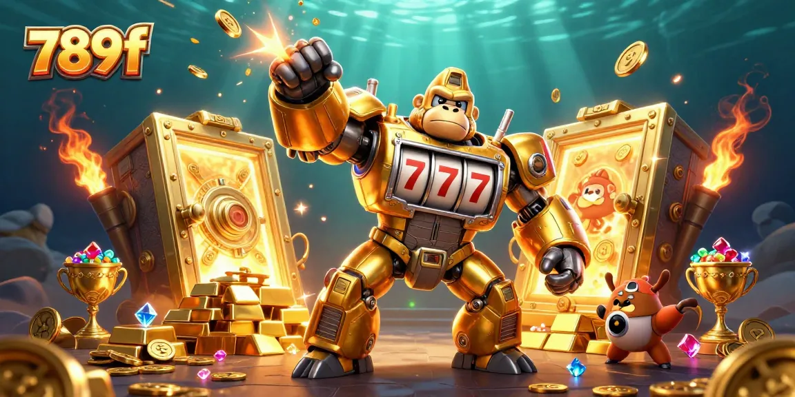 Engage in gaming excitement with 789f, featuring a golden gorilla mech and treasure vault illustration.