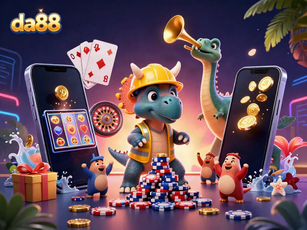 da88 players celebrate with a triceratops building poker chip pyramids amidst vibrant casino elements