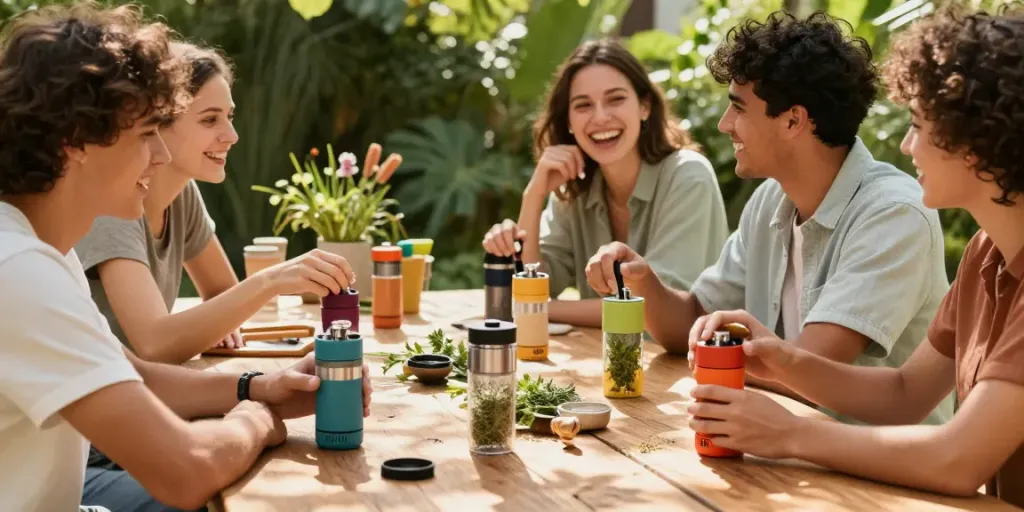 Friends enjoying a sunny day with personalized grinders, showcasing unique designs and vibrant colors.