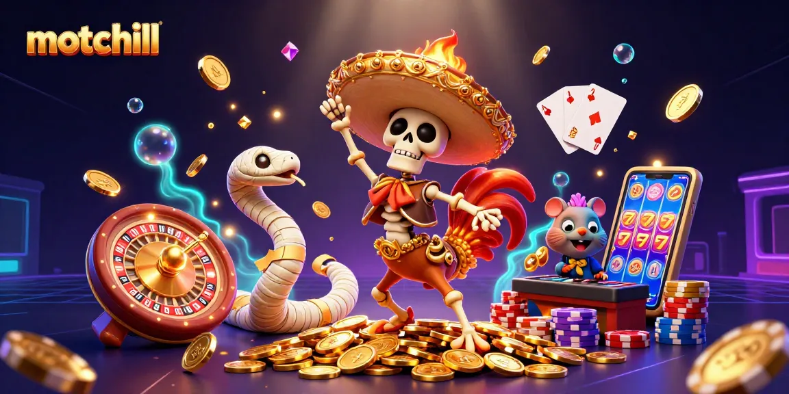 Motchill brings a vibrant scene of a skeleton mariachi rooster dancing on coins, surrounded by casino elements and festive colors.