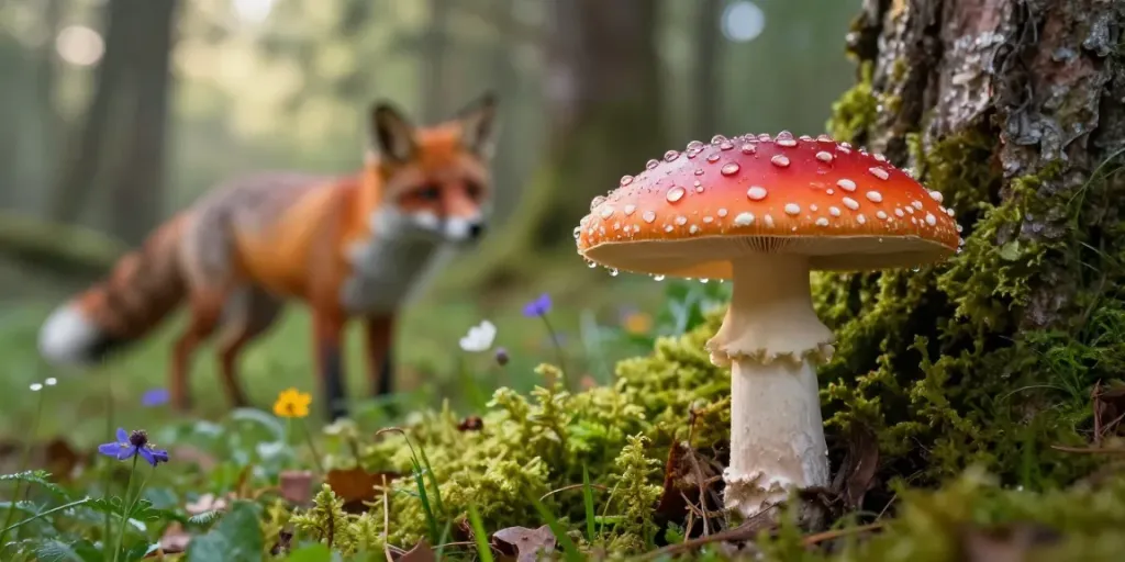 Fliegenpilz kaufen: Nahaufnahme des leuchtenden roten Fliegenpilzes in einem malerischen Wald mit Morgentau.