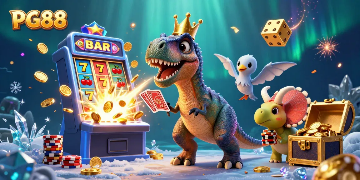 Experience excitement at PG88 with a friendly T-Rex and friends in an animated casino setting.