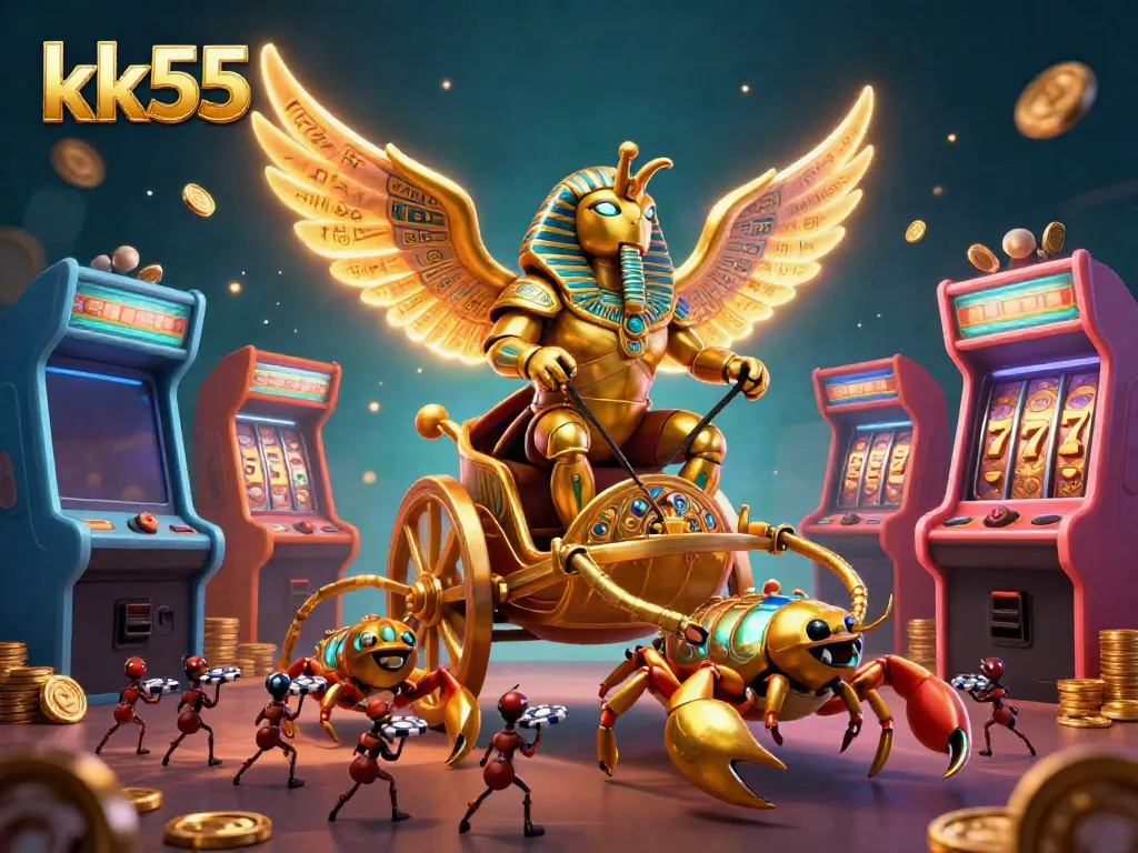 Engage in thrilling gaming action with kk55 as a golden scarab beetle leads vibrant casino joyrides and jackpot excitement.