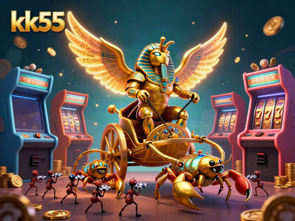 Engage in thrilling gaming action with kk55 as a golden scarab beetle leads vibrant casino joyrides and jackpot excitement.