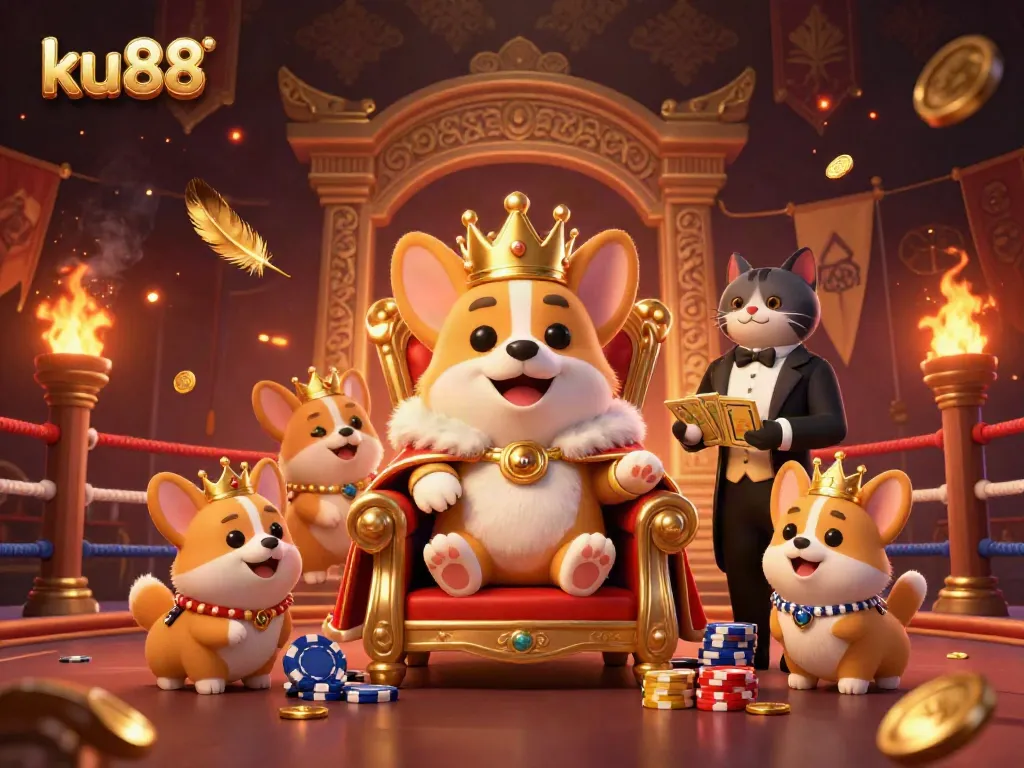 Engage with ku88's vibrant casino world featuring a royal corgi, cat butler, and dynamic elements.