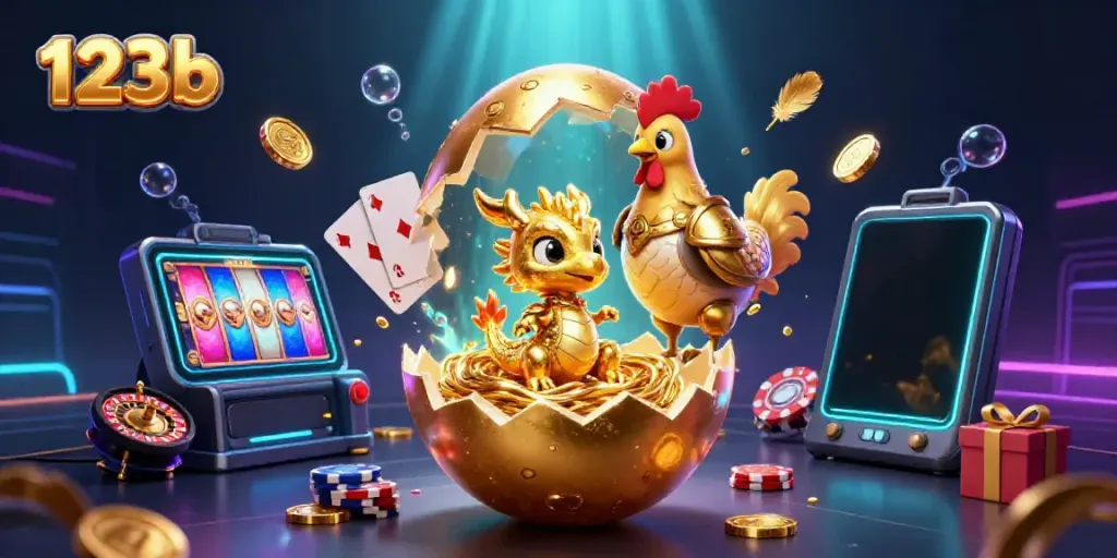 Experience excitement with 123b as golden dragon chips fly amidst slot games and dynamic poker elements.