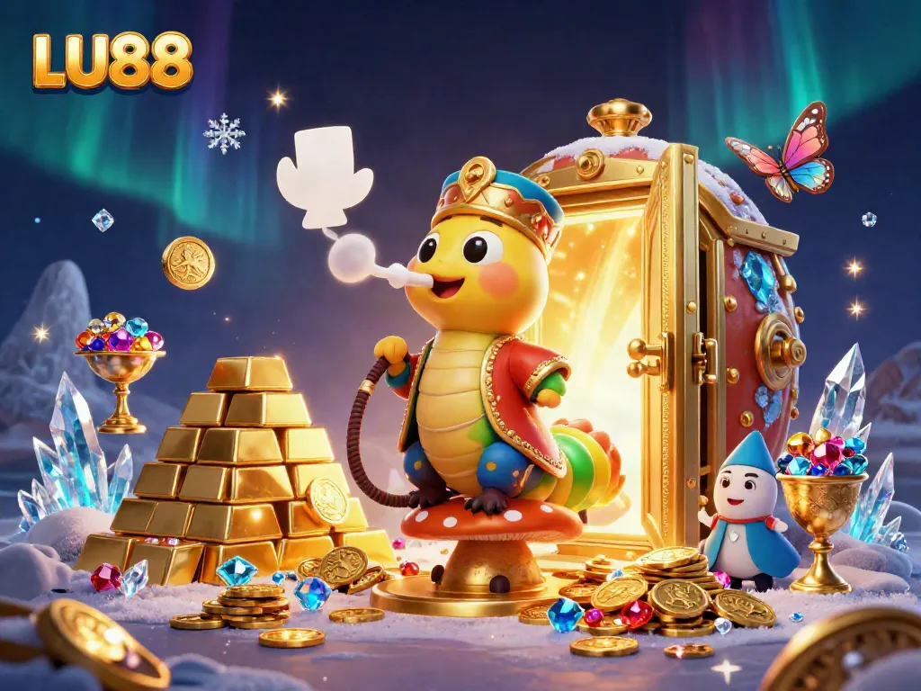 LU88 casino illustration showcasing a vibrant 3D scene with the hookah-master, golden treasures, and poker symbols.