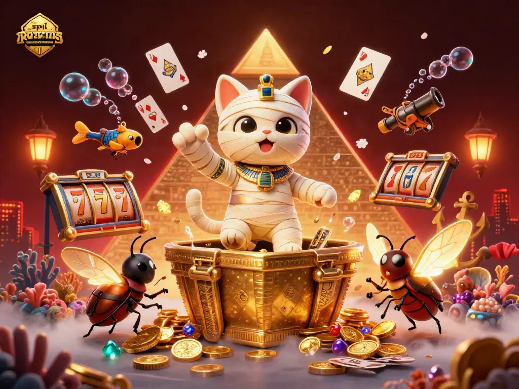 Experience the thrill of spil casino uden om ROFUS with our vibrant illustration featuring a mummy cat and treasure-filled atmosphere.