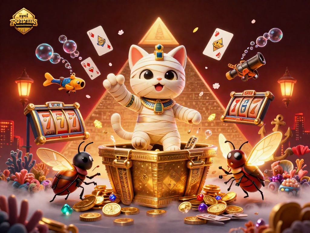 Experience the thrill of spil casino uden om ROFUS with our vibrant illustration featuring a mummy cat and treasure-filled atmosphere.