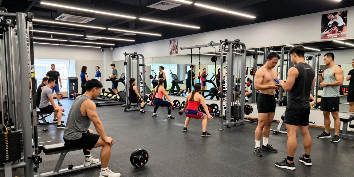Anabolika-Shop-Trainingsszene mit Bodybuildern, die in einem modernen Fitnessstudio trainieren, und dabei verschiedene Athleten, Geräte und eine energiegeladene Atmosphäre präsentieren.