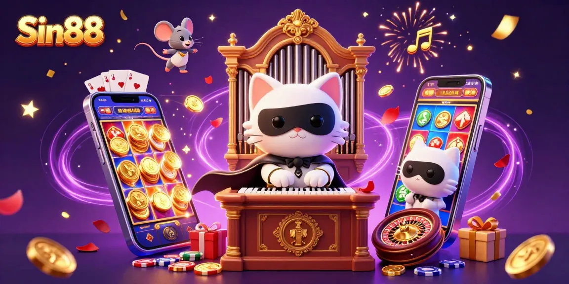 Win exciting rewards with Sin88's vibrant casino scene featuring a whimsical 3D cat and mouse.