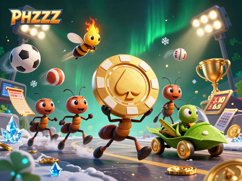 Experience the thrill of PHZZZ as animated ants navigate a casino heist amidst vibrant sports elements.